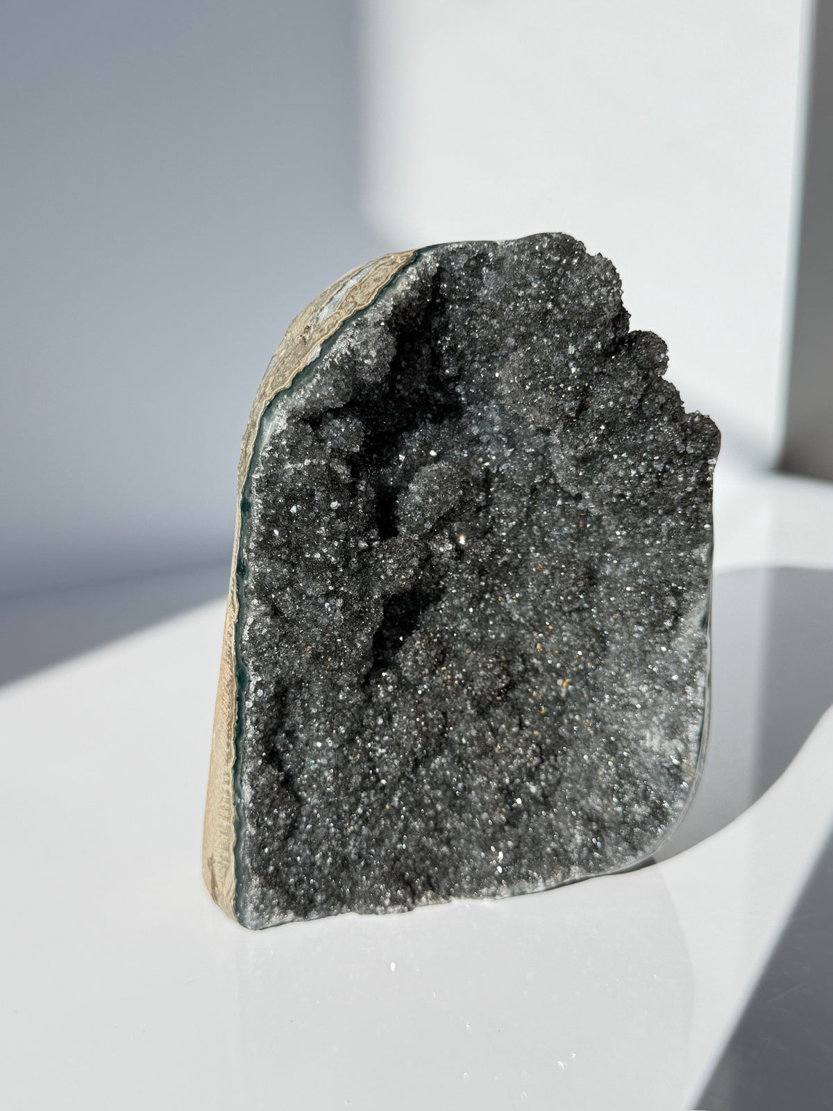Bubbly Black Galaxy Amethyst Cut base | Green Banding | Uruguay | High Quality Crystals Minerals Home Decor | Druzy Hematite
