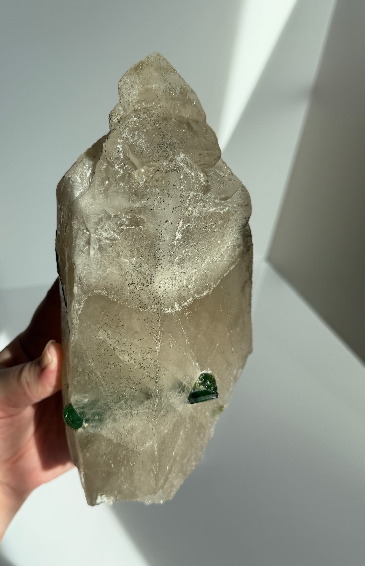 Cathedral Quartz with Green Tourmaline & Pyrite