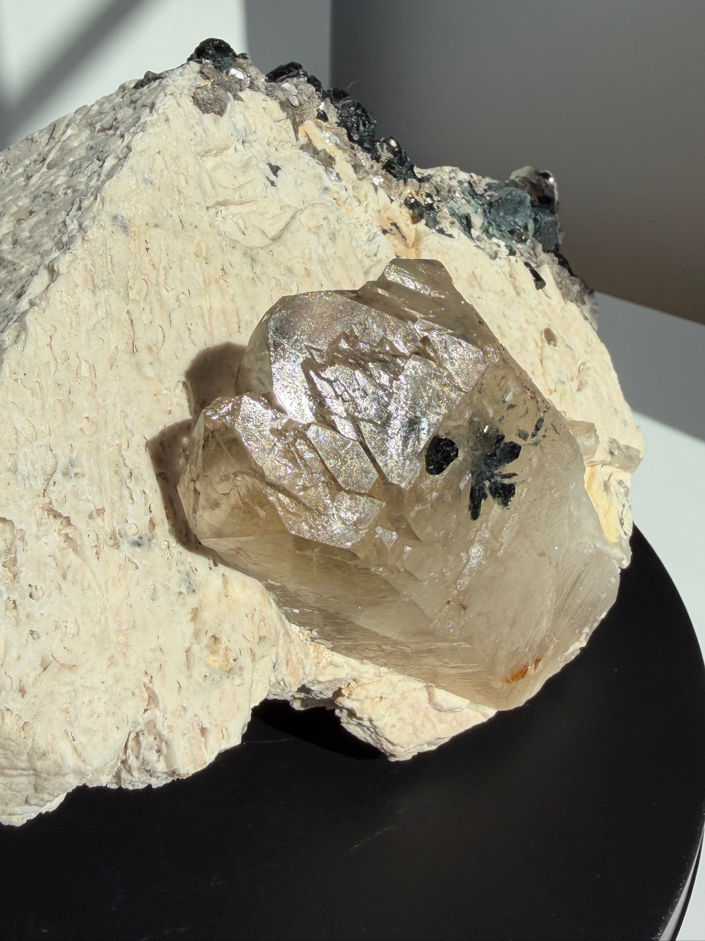 Shimmering Citrine Elestial & Green + Black Tourmailine with Pyrite on Feldspar - One of A Kind Statement Specimen!