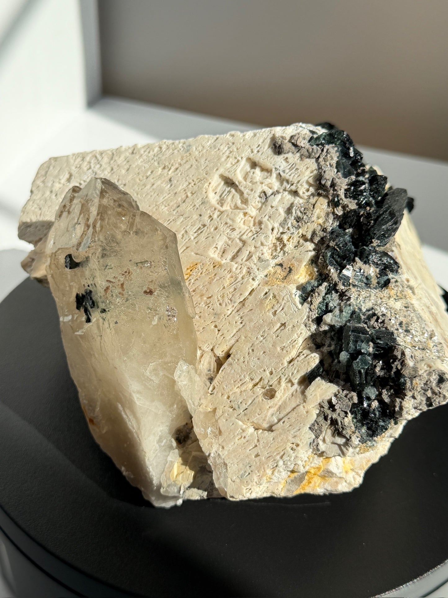 Shimmering Citrine Elestial & Green + Black Tourmailine with Pyrite on Feldspar - One of A Kind Statement Specimen!