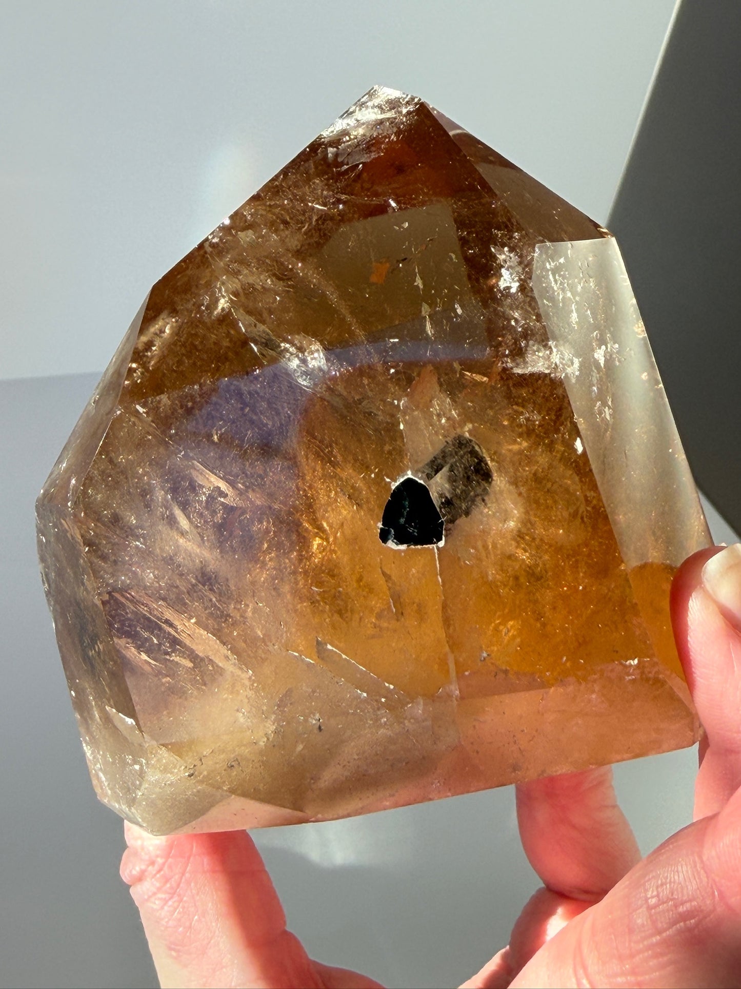 Natural Honey Citrine Tower With Tourmaline Inclusion