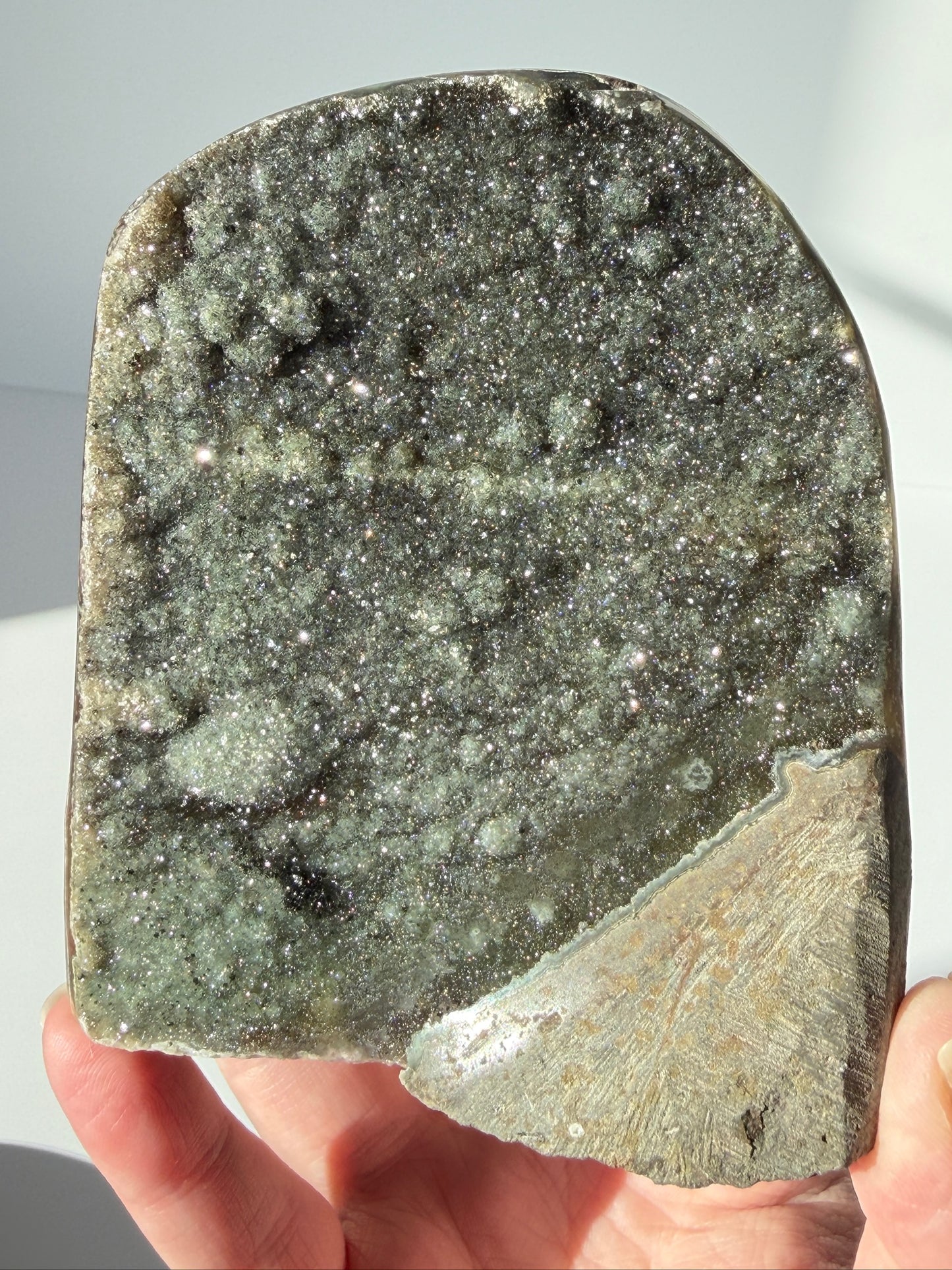 Bi-Color Bubbly Green & Black Amethyst | Cut Base | Druzy Hematite | Uruguay Crystal Mineral Home Decor | Green Amethyst