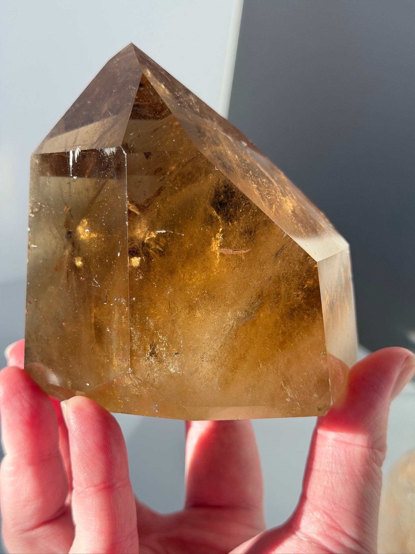 Natural Honey Citrine Tower With Tourmaline Inclusion