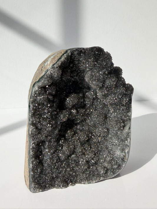 Bubbly Black Galaxy Amethyst Cut base | Green Banding | Uruguay | High Quality Crystals Minerals Home Decor | Druzy Hematite