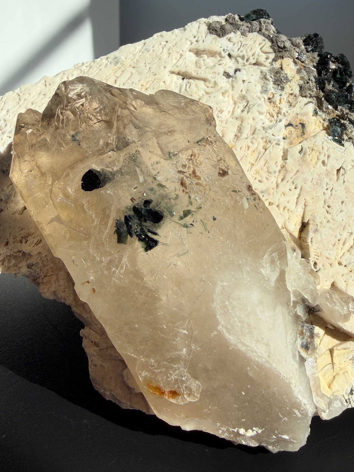 Shimmering Citrine Elestial & Green + Black Tourmailine with Pyrite on Feldspar - One of A Kind Statement Specimen!