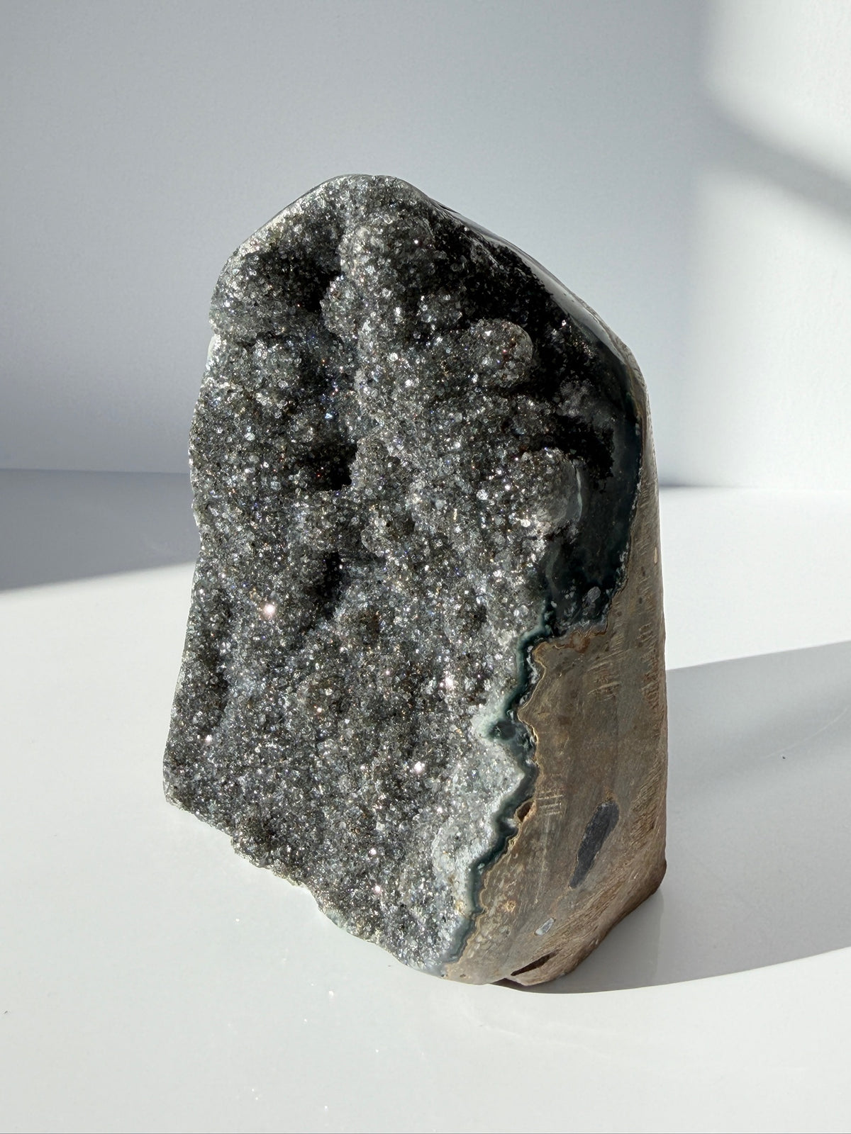 Bubbly Black Galaxy Amethyst Cut base | Green Banding | Uruguay | High Quality Crystals Minerals Home Decor | Druzy Hematite