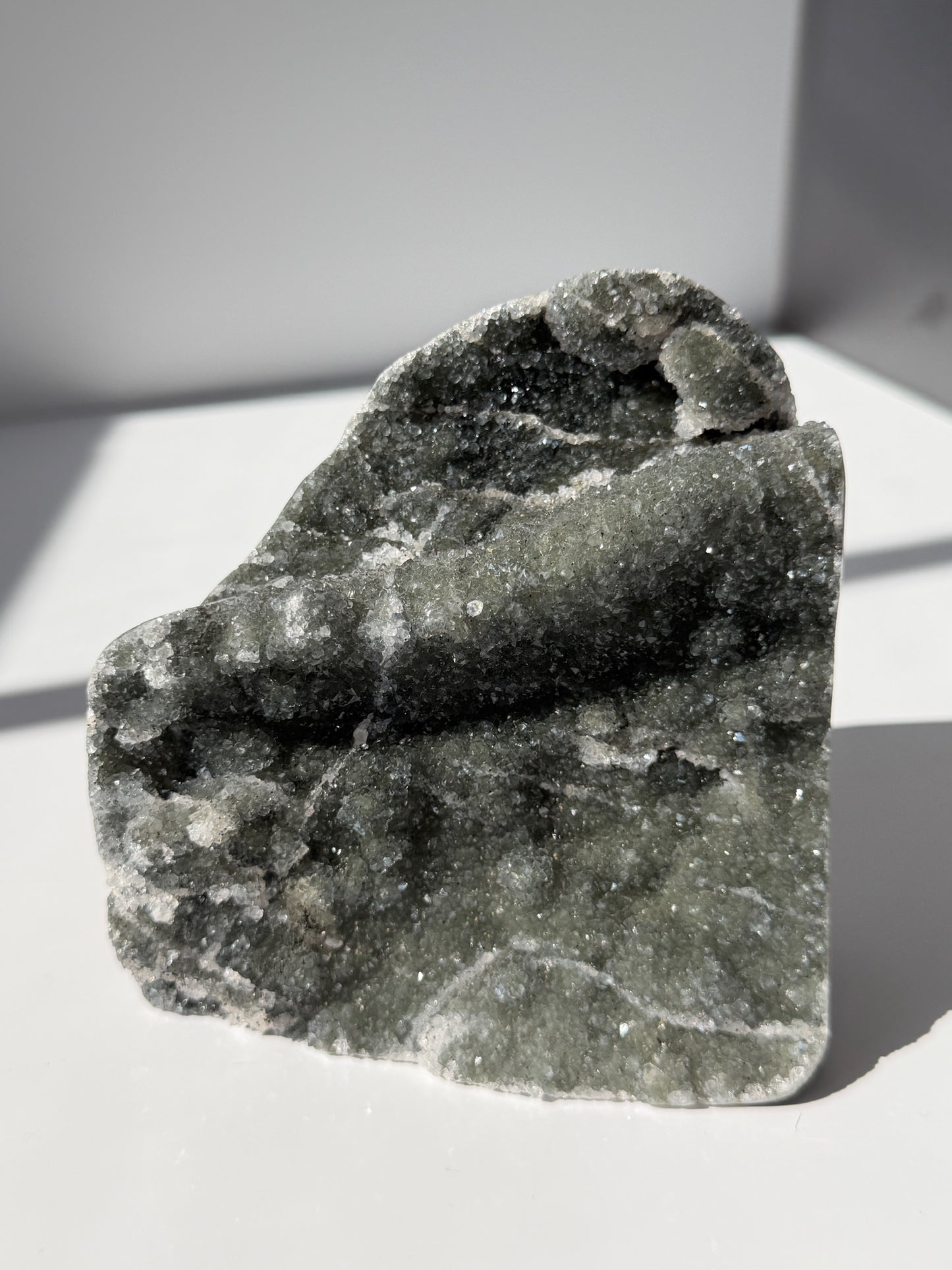 Stunning HQ Green Amethyst Cut Base with large horizontal stalactite