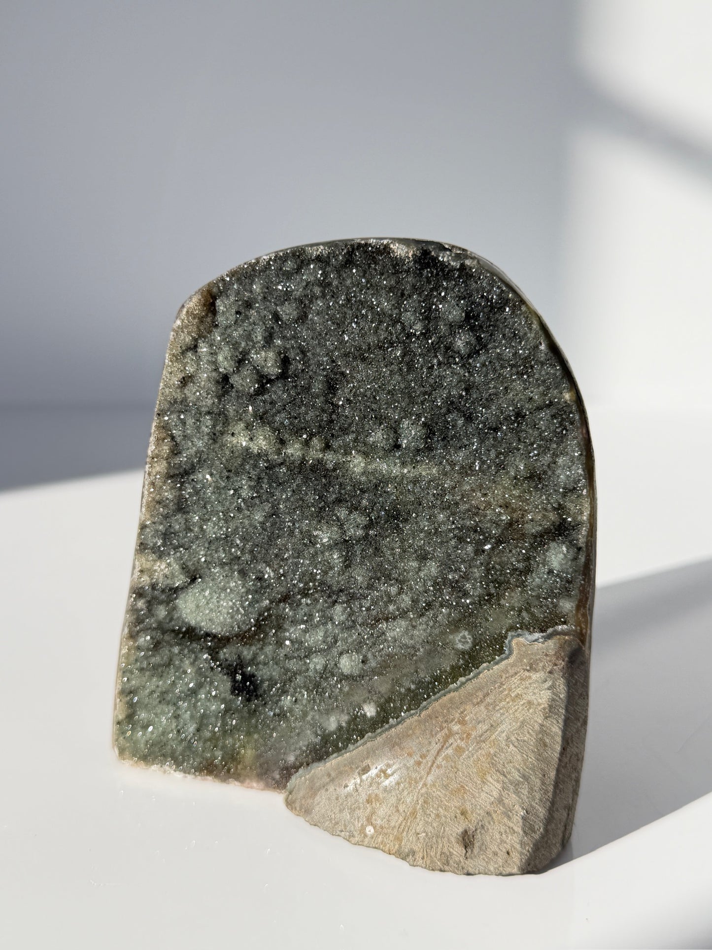 Bi-Color Bubbly Green & Black Amethyst | Cut Base | Druzy Hematite | Uruguay Crystal Mineral Home Decor | Green Amethyst